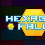 Texten Hexagon Fall i blått ovanpå en stor gul hexagon med en färgglad bakgrund