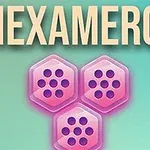 Texten HEXAMERGE över tre rosa hexagonala former med prickar mot en blå-grön bakgrund