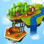 En flygande ö med hus, skog och en flod ovanför en blå himmel med moln