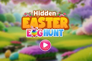 Färgglatt tecknad text med orden Hidden Easter Egg Hunt mot en bakgrund av ett lummigt, blomstrande landskap med en rosa spelknapp i förgrunden