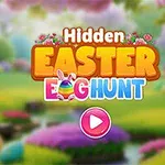 Färgglatt tecknad text med orden Hidden Easter Egg Hunt mot en bakgrund av ett lummigt, blomstrande landskap med en rosa spelknapp i förgrunden