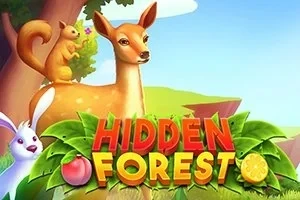En tecknad skogsscen med ett rådjur, en ekorre och en kanin framför texten Hidden Forest med gröna blad