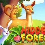 En tecknad skogsscen med ett rådjur, en ekorre och en kanin framför texten Hidden Forest med gröna blad