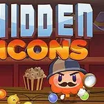 Tecknad figur med mustasch och förstoringsglas under texten Hidden Icons på en bakgrund med hyllor och en pandanalle