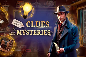 En man i en blå kappa och hatt står i ett rum fyllt med mystiska föremål, inklusive en glödlampa och en etikett med texten Hidden Object