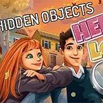 Man och kvinna som ler, med färgglad bakgrund, texten HIDDEN OBJECTS HELLO LOVE och ett förstoringsglas