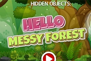 Texten Hello Messy Forest visas över en tecknad, grönskande skogsbild med en stor trädstam och frodig vegetation