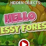 Texten Hello Messy Forest visas över en tecknad, grönskande skogsbild med en stor trädstam och frodig vegetation