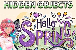 Kvinna med rosa hår bredvid texten Hello Spring med blomsterdekorationer