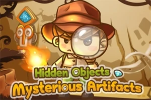 Tecknad karaktär i äventyrskläder med förstoringsglas framför en text med orden Hidden Objects Mysterious Artifacts