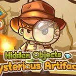 Tecknad karaktär i äventyrskläder med förstoringsglas framför en text med orden Hidden Objects Mysterious Artifacts