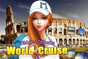 Tecknad kvinna med långt rött hår och vit keps framför Colosseum, med texten Hidden Objects World Cruise i förgrunden
