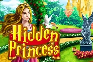 En prinsessa med en krona står i en färgglad trädgård med en staty, blommor och ett slott i bakgrunden