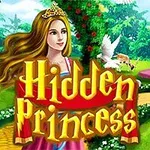 En prinsessa med en krona står i en färgglad trädgård med en staty, blommor och ett slott i bakgrunden