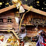 Julkrubba med figurer framför en ladugård, omgiven av stjärnor på natthimlen