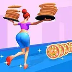 En tecknad person med röd hårknut bär två högar med pannkakor på en blå väg, omgiven av pizzaformade objekt