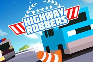 Tecknad bild med en blå bil, en kon och ordet Highway Robbers i mitten