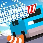 Tecknad bild med en blå bil, en kon och ordet Highway Robbers i mitten
