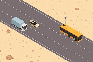 En isometrisk illustration av en väg i en öken med en buss, en lastbil och en bil