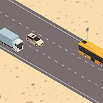 En isometrisk illustration av en väg i en öken med en buss, en lastbil och en bil