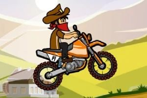 En tecknad cowboy på en orange motorcykel kör genom ett landskap med berg och ett hus i bakgrunden
