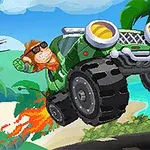 En tecknad apa i solglasögon kör en grön monstertruck som flyger genom luften över en tropisk strand med palmer