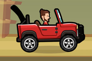 Tecknad man med skägg kör en röd jeep på en plattform med ett grönt bakgrund