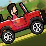 Tecknad figur kör en röd jeep på en stig i en lantlig miljö