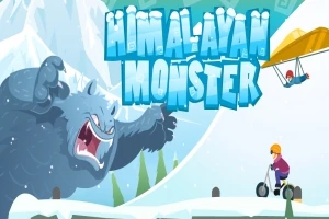 En tecknad bild av ett stort, hotfullt snömonster i bergen, en person på en segway och en annan i en hängglidare med texten Himalayan Monster