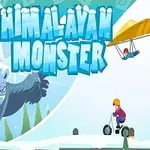 En tecknad bild av ett stort, hotfullt snömonster i bergen, en person på en segway och en annan i en hängglidare med texten Himalayan Monster