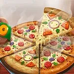 En tecknad pizza med olika toppingar och en logga med en tecknad flodhäst i en kockmössa