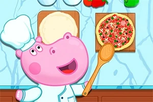 En rosa flodhäst i kockhatt är i ett kök med en träsked bredvid en pizza på en skärbräda