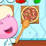 En rosa flodhäst i kockhatt är i ett kök med en träsked bredvid en pizza på en skärbräda