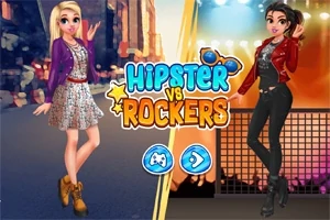 Två tecknade kvinnor står i olika kläder med texten Hipster vs Rockers i mitten; den ena har en blommig klänning och jacka, medan den andra bär en röd läderjacka och svarta jeans