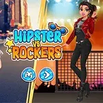 Två tecknade kvinnor står i olika kläder med texten Hipster vs Rockers i mitten; den ena har en blommig klänning och jacka, medan den andra bär en röd läderjacka och svarta jeans