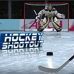 Ishockeyspelare med klubba och puck framför målvakt, spelplan och blå spelknapp