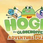 Tre tecknade karaktärer med glada ansikten ovanför texten HOGIE The GLOBEHOPPER ADVENTURE PUZZLE mot en bakgrund med pyramider