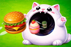 Vit katt med enorm öppen mun som slukar en hamburgare och en cupcake mot grön bakgrund