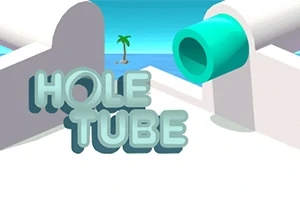 Texten Hole Tube i skuggeffekt framför en turkos röret på en strandbakgrund med en ensam palm