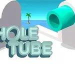 Texten Hole Tube i skuggeffekt framför en turkos röret på en strandbakgrund med en ensam palm
