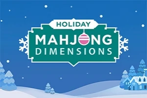 Blå himmel med snöflingor, logotypen för Holiday Mahjong Dimensions, snöiga träd och ett litet snötäckt hus