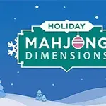 Blå himmel med snöflingor, logotypen för Holiday Mahjong Dimensions, snöiga träd och ett litet snötäckt hus