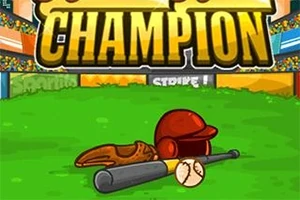 Basebollutrustning med hjälm, handske, boll och slagträ ligger på en gräsplan framför en arena med texten CHAMPION ovanför