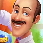 Tecknad man med mustasch håller en blå hammare och ler mot kameran, med en färgglad bakgrund