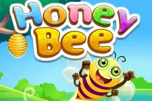 Tecknad glad bi framför texten Honey Bee i färgglada bokstäver, med ett träd och bikupa i bakgrunden