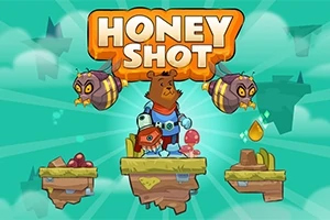 Honey Shot En tecknad björn i rymddrÀkt stÄr pÄ en flygande ö med svÀvande bin och honung i bakgrunden