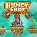 Honey Shot En tecknad björn i rymddrÀkt stÄr pÄ en flygande ö med svÀvande bin och honung i bakgrunden