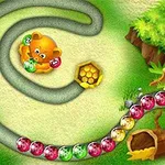 En tecknad bild som visar en björn i mitten av en spiralformad stig med färgglada bollar runtomkring