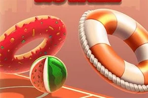 En bild med en röd prickig donut, en melonboll och en orangevit livboj mot en orange bakgrund