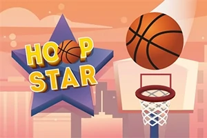 Basketboll som flyger mot en korg framför en stadssilhuett, med texten Hoop Star på en lila stjärna